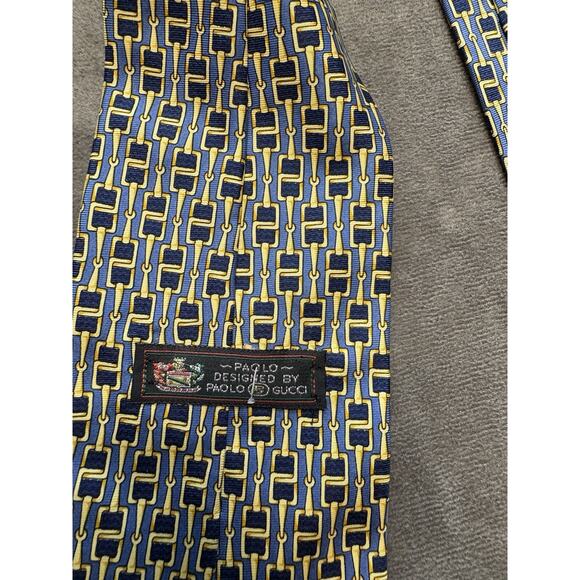 Paolo by Gucci Mens 100% Silk Necktie Blue Gold Horse Bit 59” x 4” Italy - Picture 3 of 5